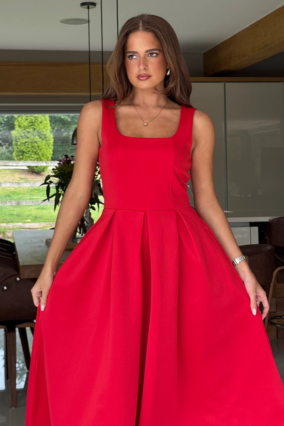 Girl In Mind Erica Square Neck Pleated Red Midi Dress