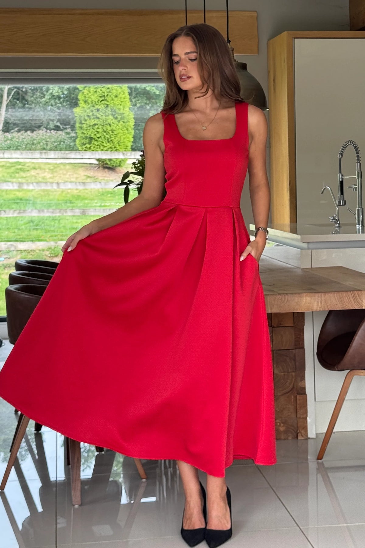 Girl In Mind Erica Square Neck Pleated Red Midi Dress