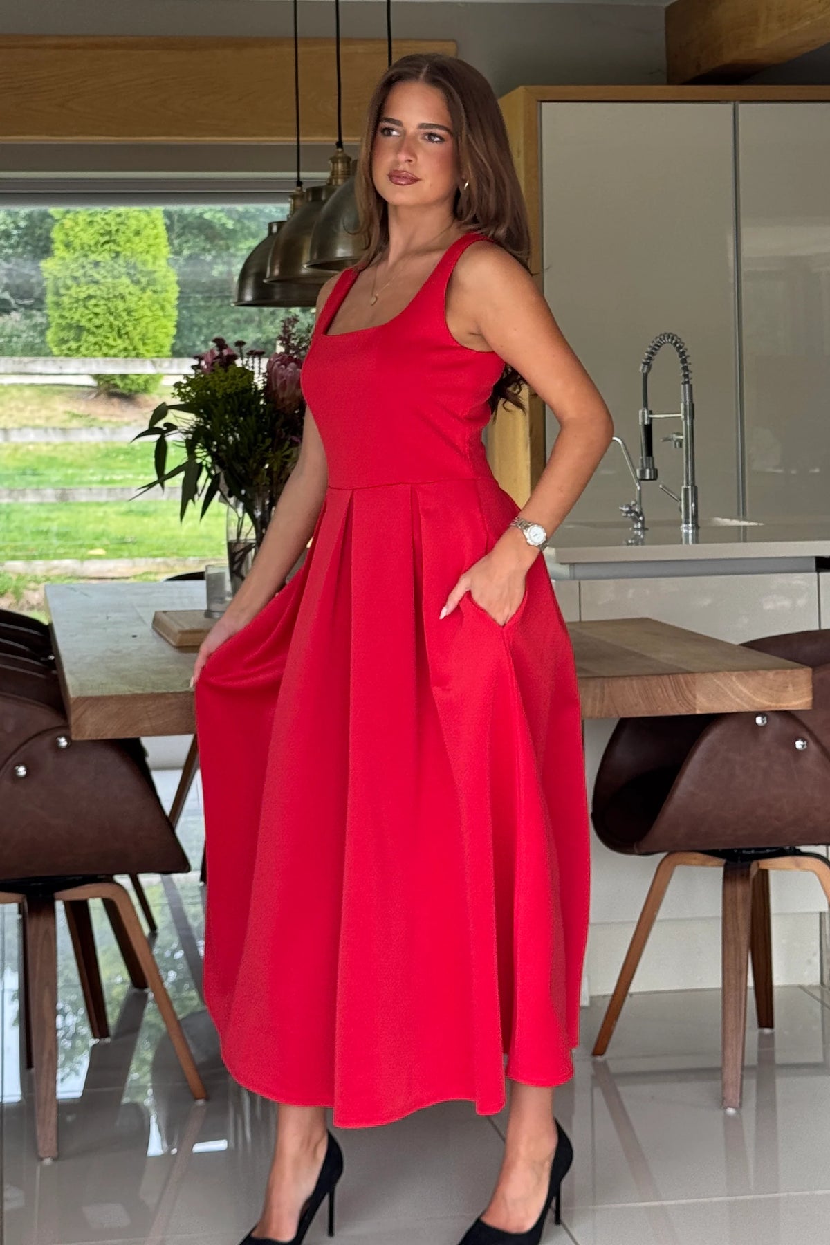 Girl In Mind Erica Square Neck Pleated Red Midi Dress