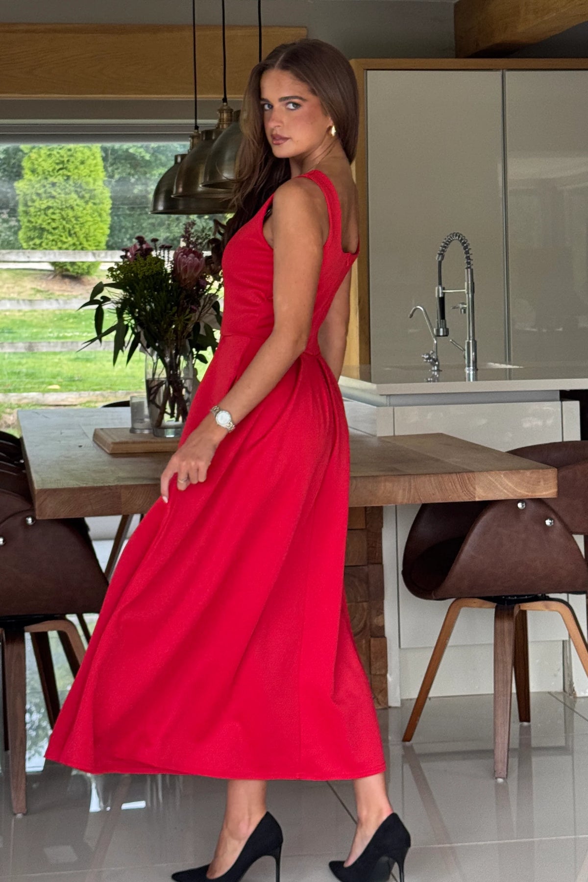 Girl In Mind Erica Square Neck Pleated Red Midi Dress