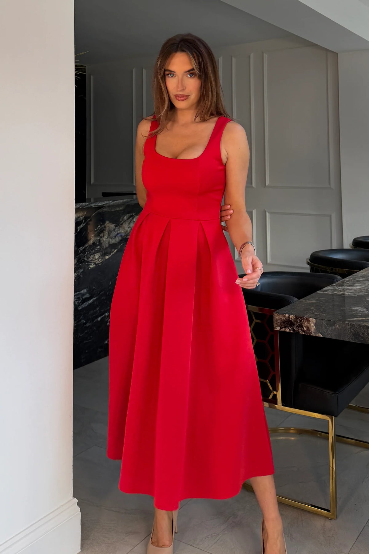 Girl In Mind Erica Square Neck Pleated Red Midi Dress