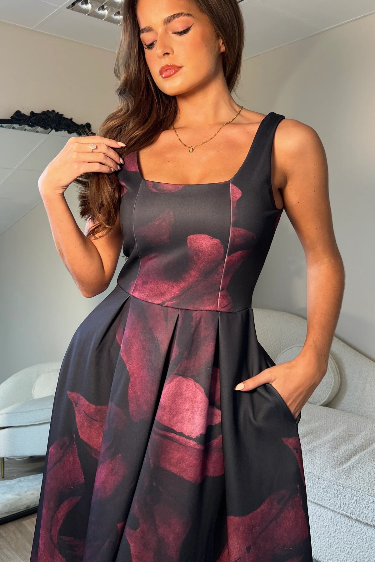 Girl In Mind Erica Square Neck Pleated Wine Floral Midi Dress