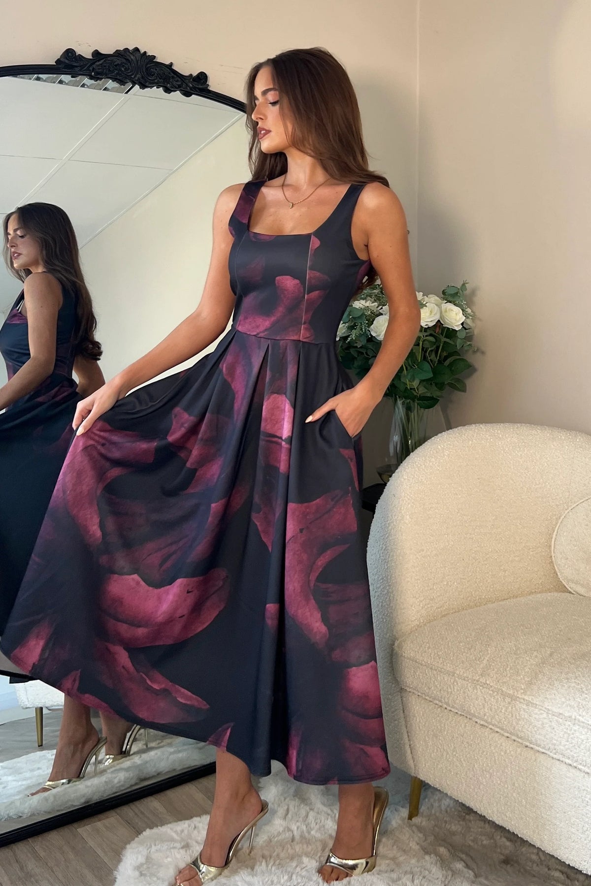 Girl In Mind Erica Square Neck Pleated Wine Floral Midi Dress