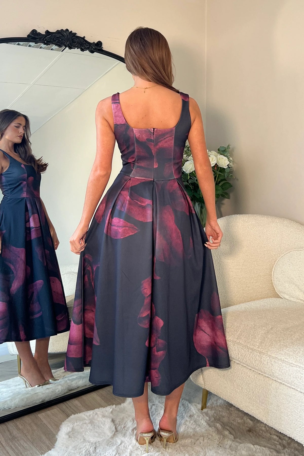 Girl In Mind Erica Square Neck Pleated Wine Floral Midi Dress