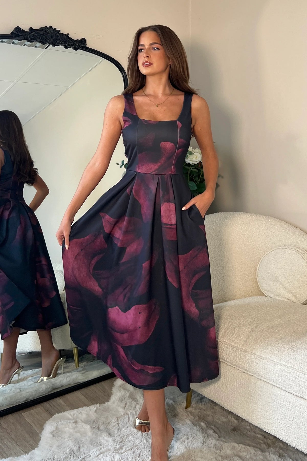 Girl In Mind Erica Square Neck Pleated Wine Floral Midi Dress