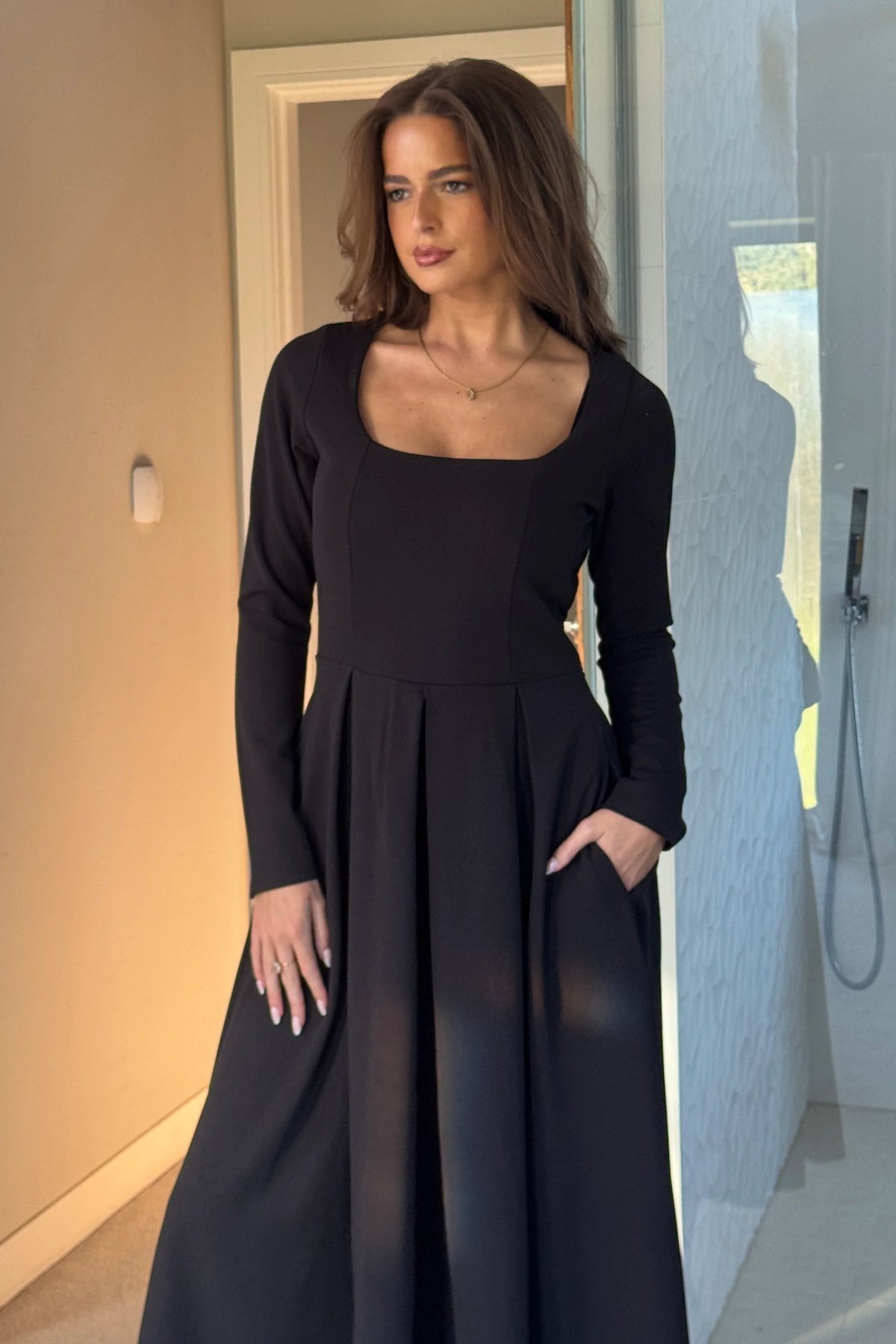 Girl In Mind Evie Square Neck Long Sleeved Black Midi Dress