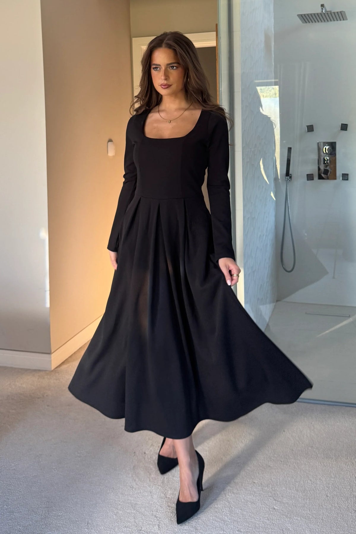 Girl In Mind Evie Square Neck Long Sleeved Black Midi Dress