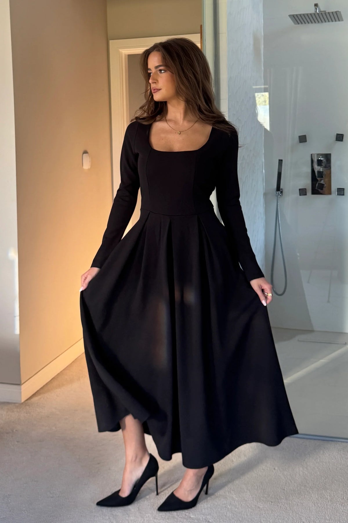 Girl In Mind Evie Square Neck Long Sleeved Black Midi Dress