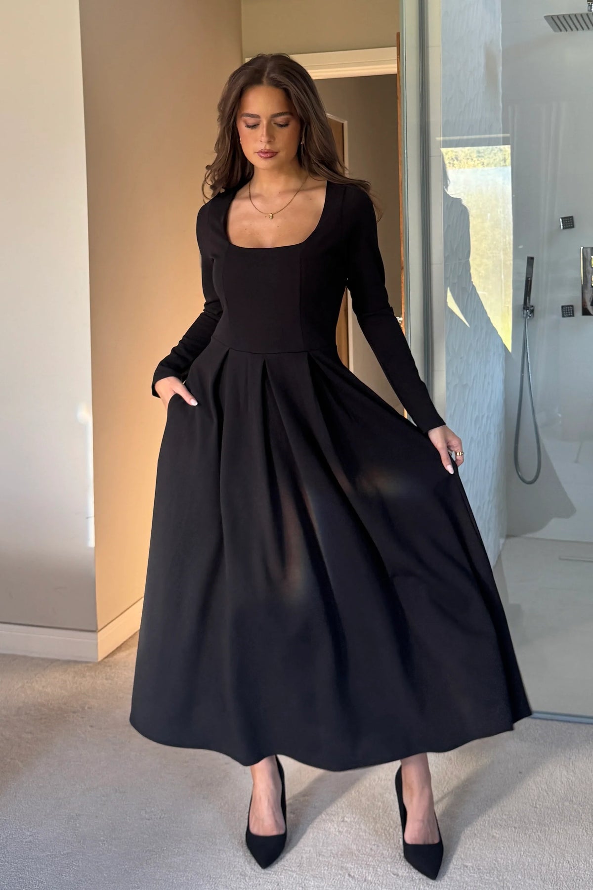 black midi dress square neck ASOS DESIGN square neck ruched waist midi dress in black