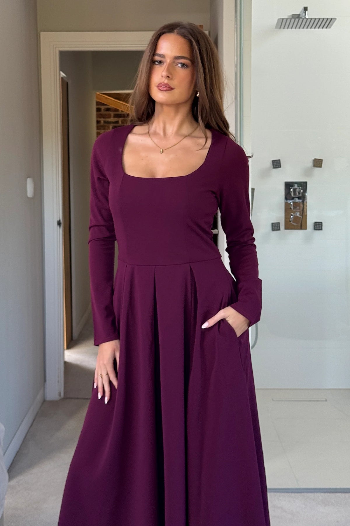 Girl In Mind Evie Square Neck Long Sleeved Plum Midi Dress