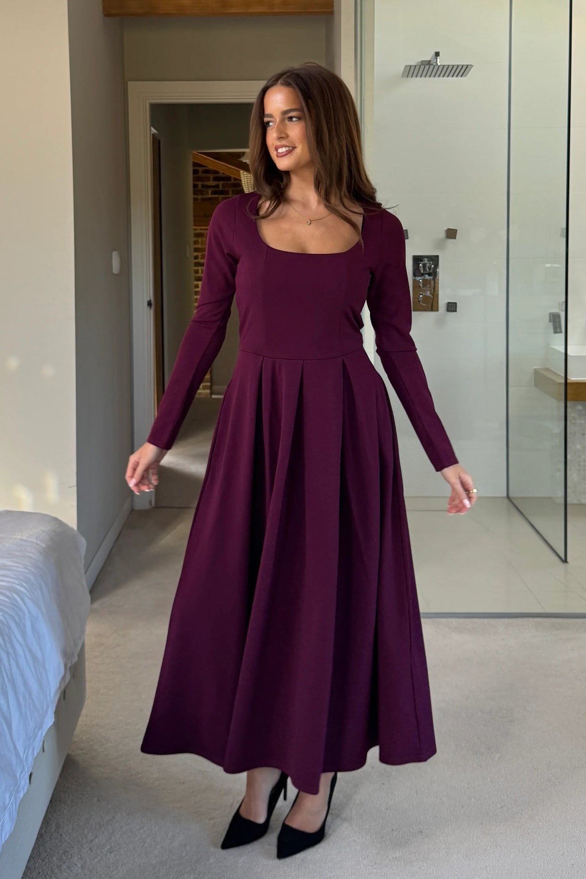 Girl In Mind Evie Square Neck Long Sleeved Plum Midi Dress