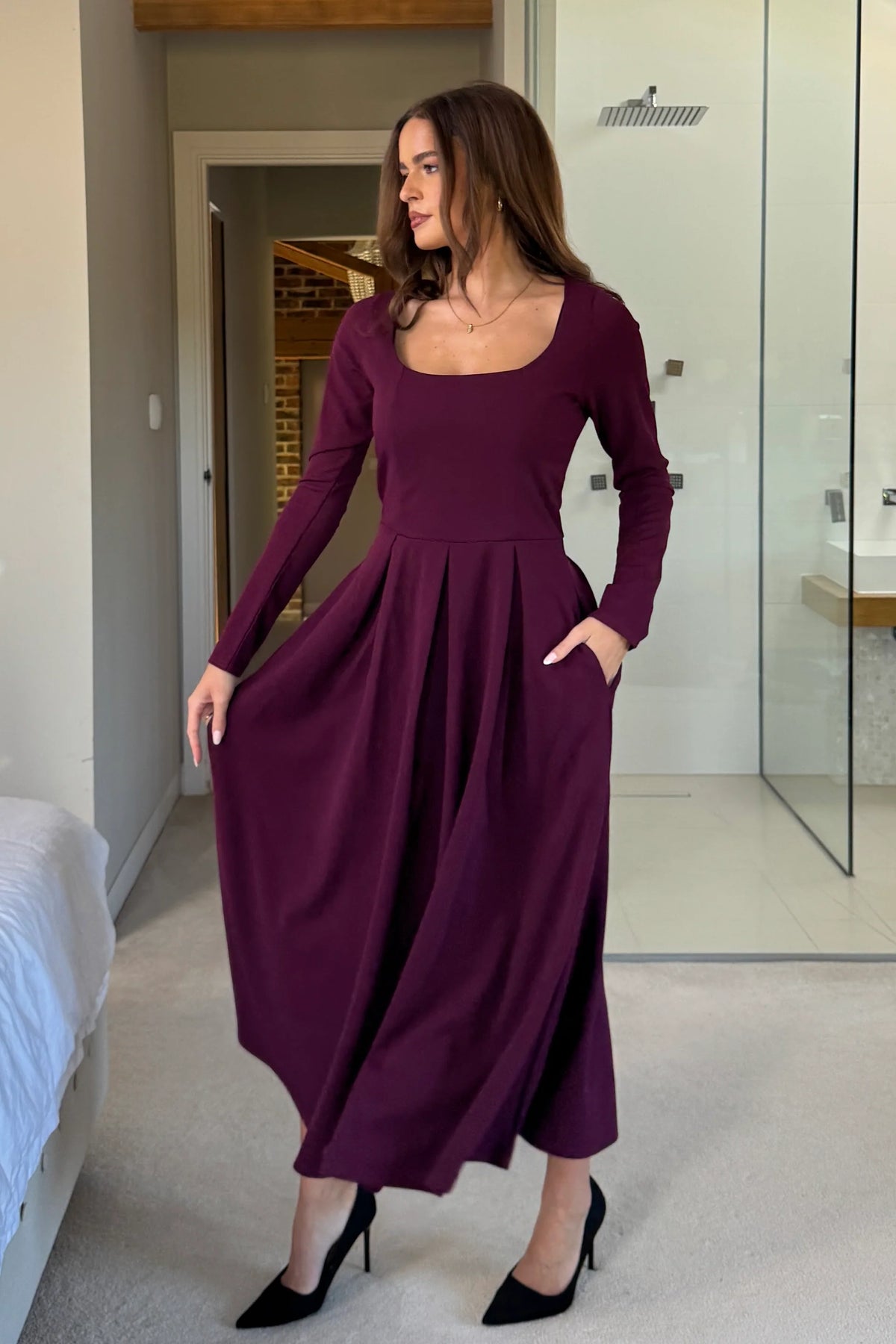 Girl In Mind Evie Square Neck Long Sleeved Plum Midi Dress