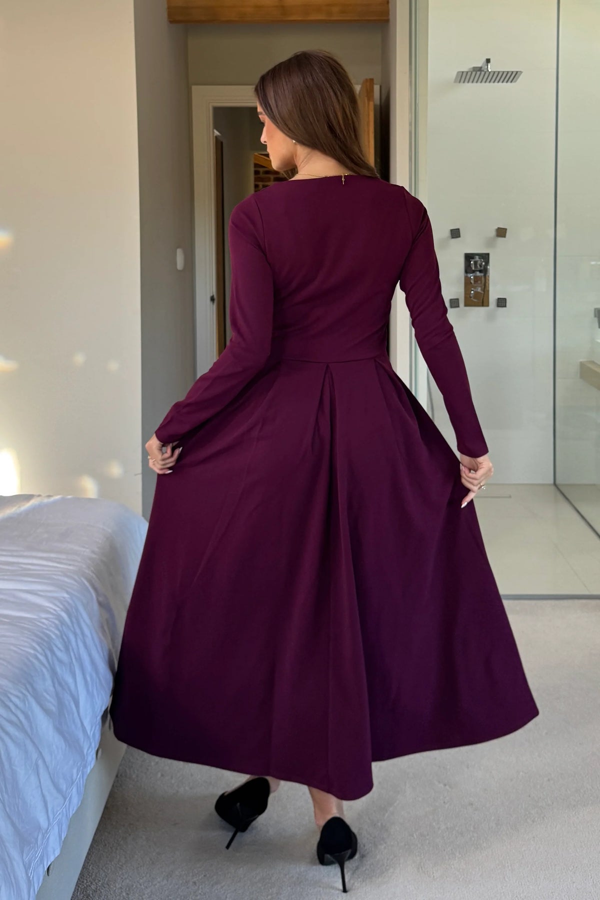 Girl In Mind Evie Square Neck Long Sleeved Plum Midi Dress