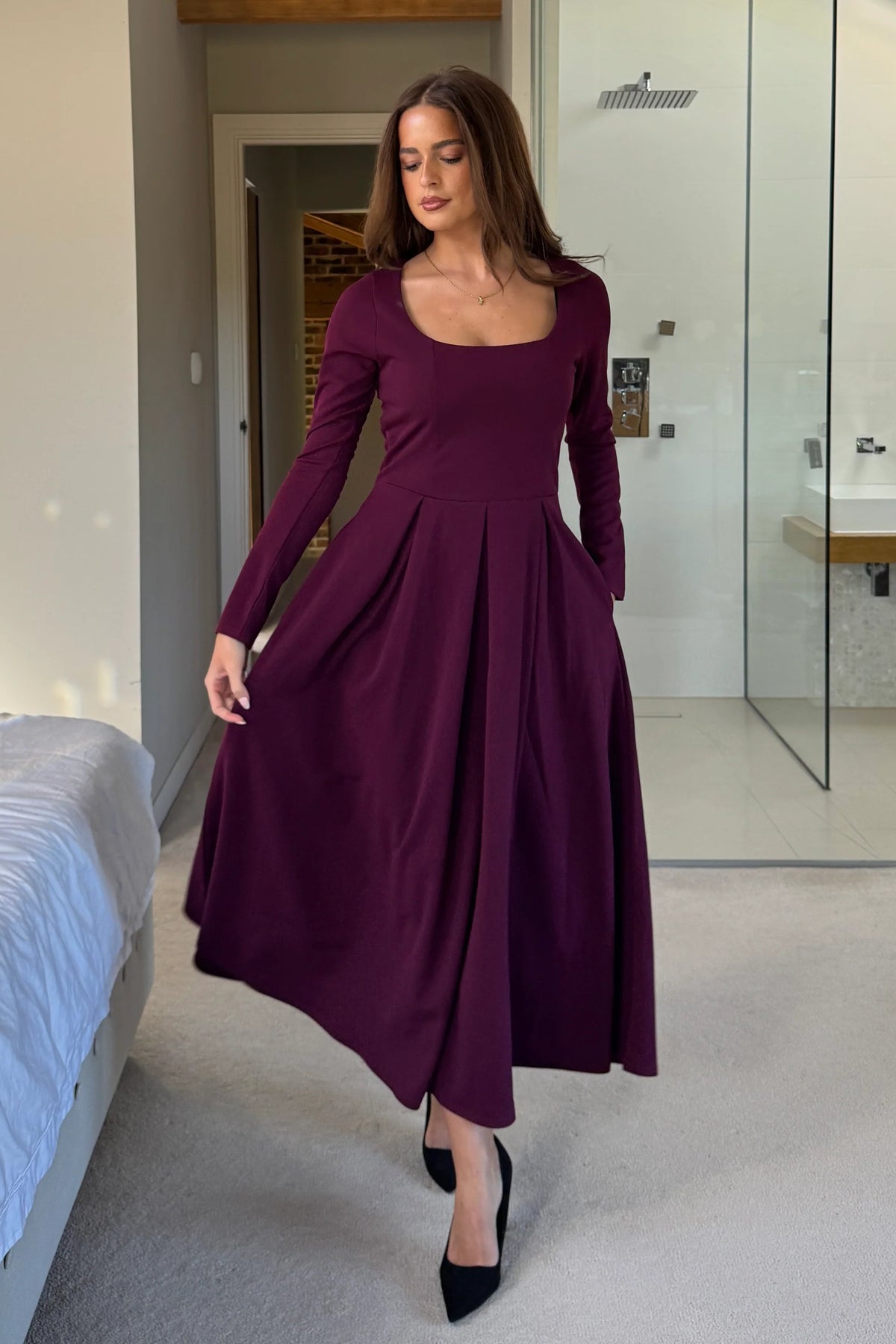 Girl In Mind Evie Square Neck Long Sleeved Plum Midi Dress