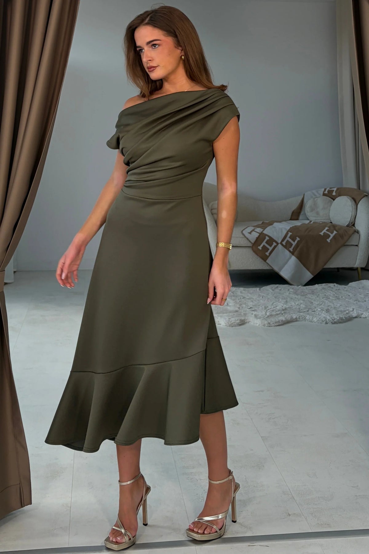 Girl In Mind Felicity Asymmetric Frill Khaki Green Midi Dress