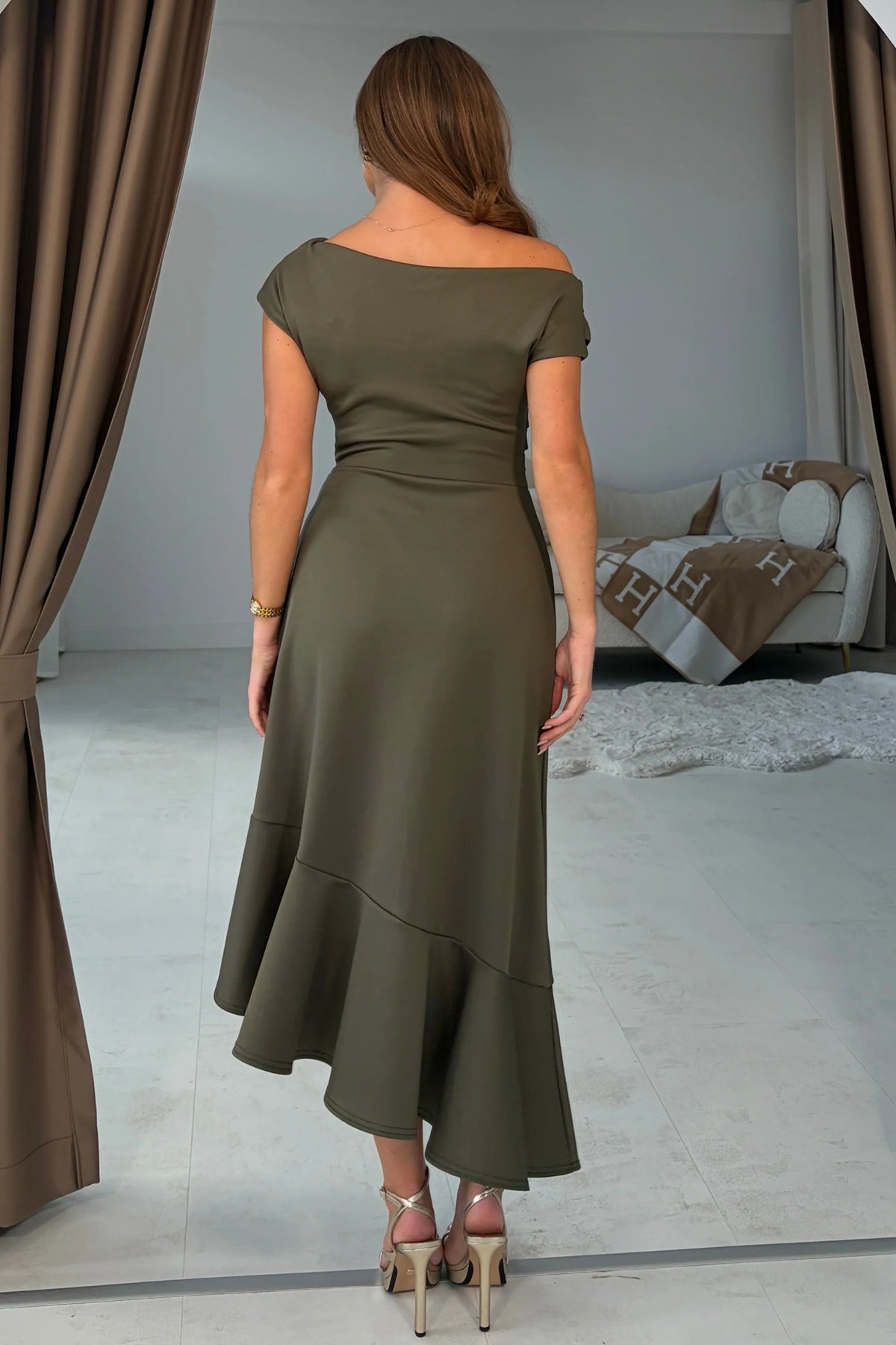 Girl In Mind Felicity Asymmetric Frill Khaki Green Midi Dress