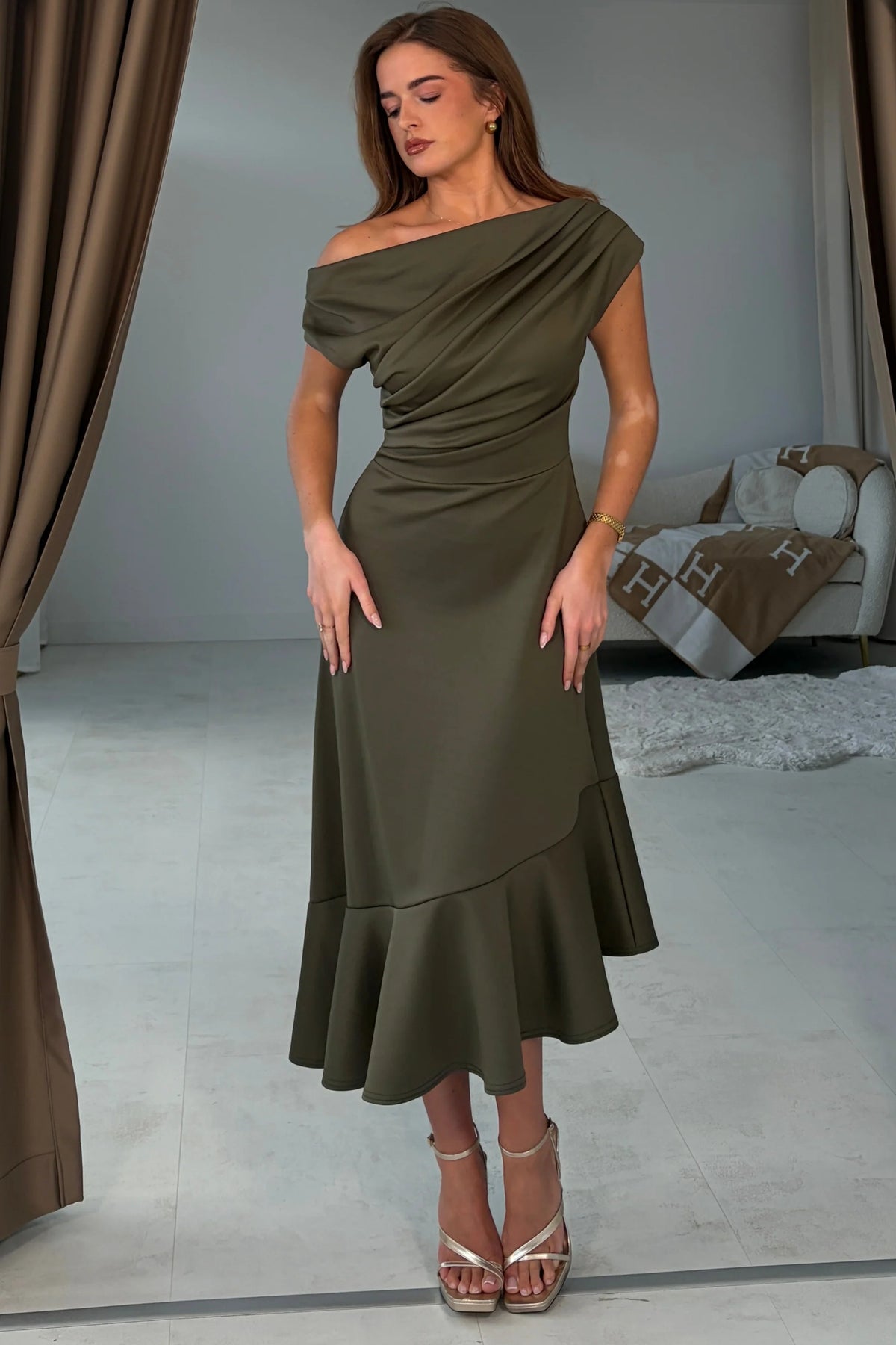 Girl In Mind Felicity Asymmetric Frill Khaki Green Midi Dress
