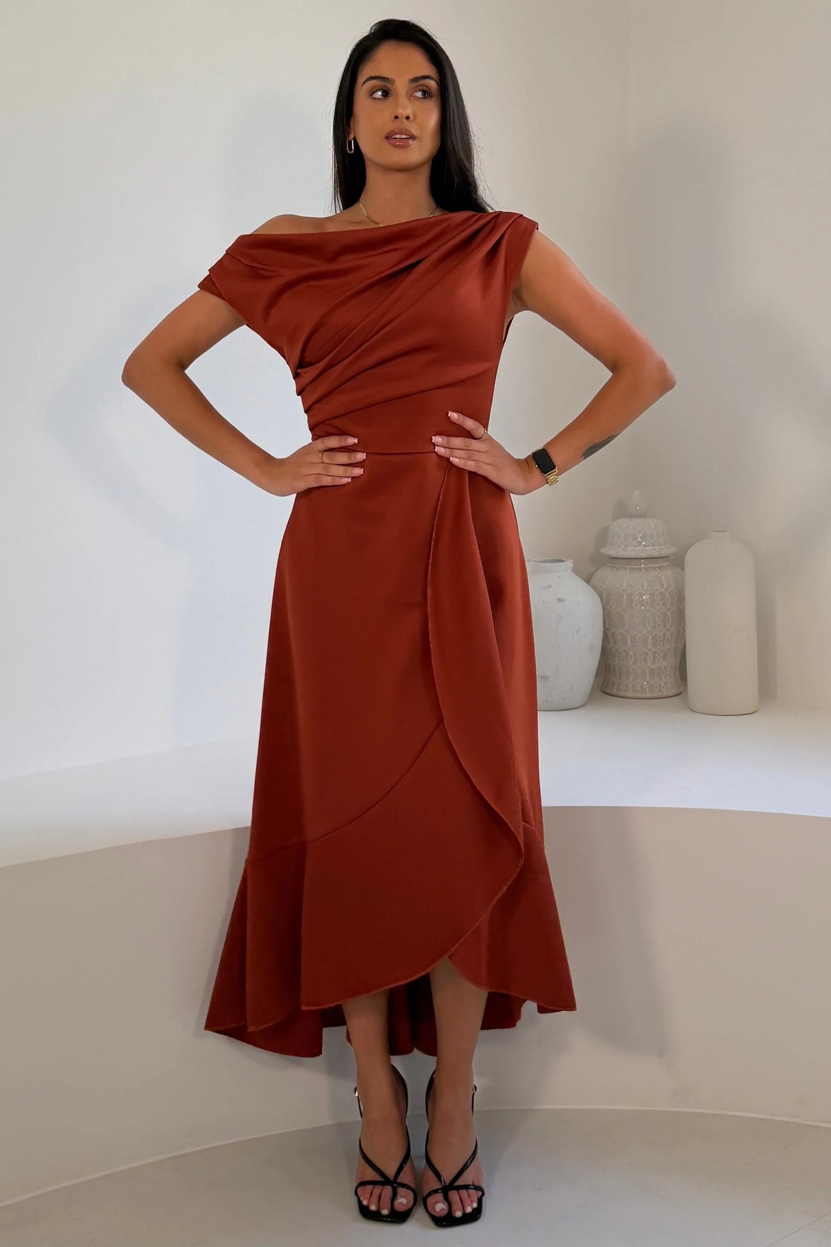 Girl In Mind Florie Frill Wrap Clay Orange Maxi Dress