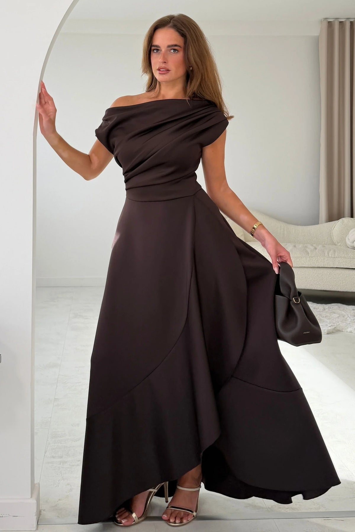 Girl In Mind Florie Frill Wrap Brown Maxi Dress