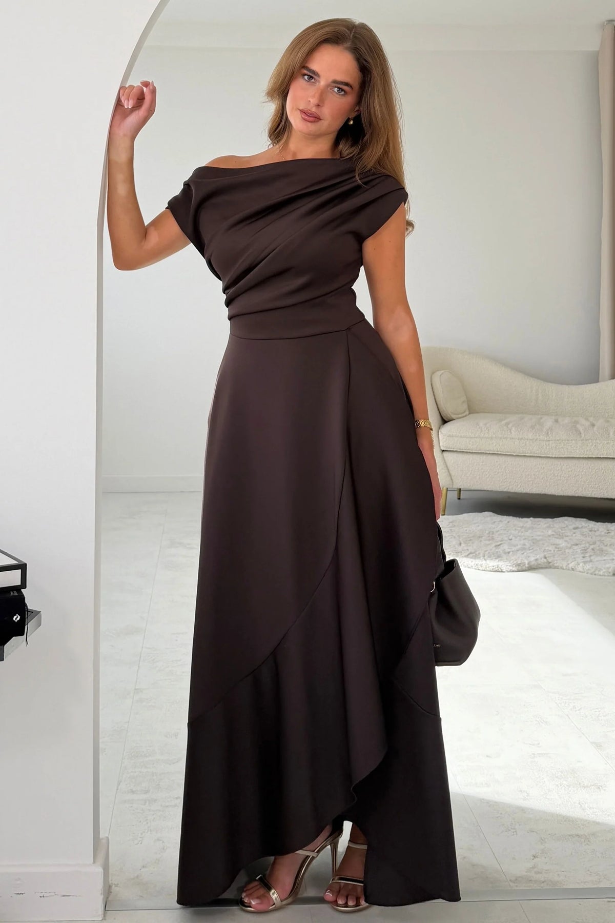 Girl In Mind Florie Frill Wrap Brown Maxi Dress