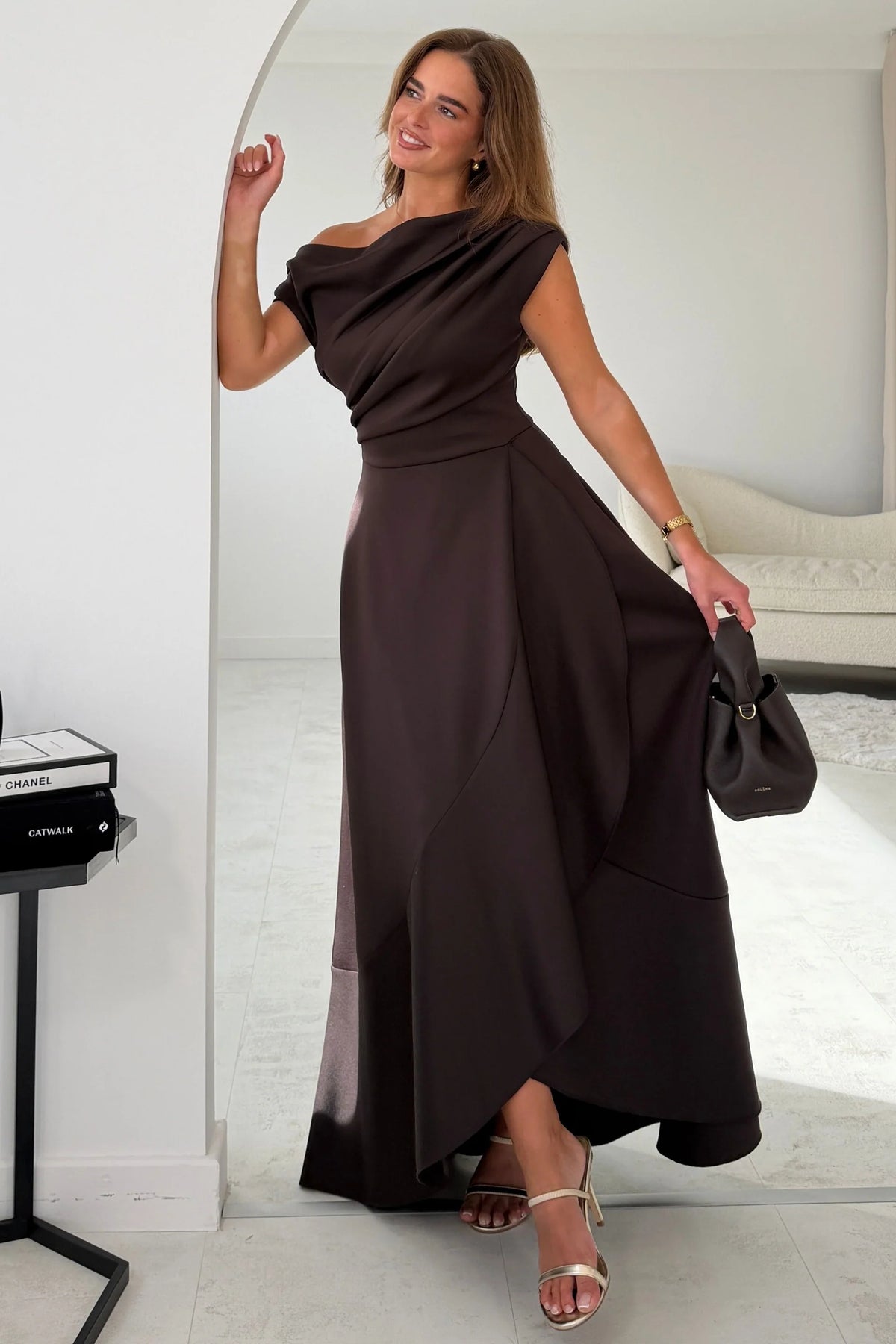 Girl In Mind Florie Frill Wrap Brown Maxi Dress