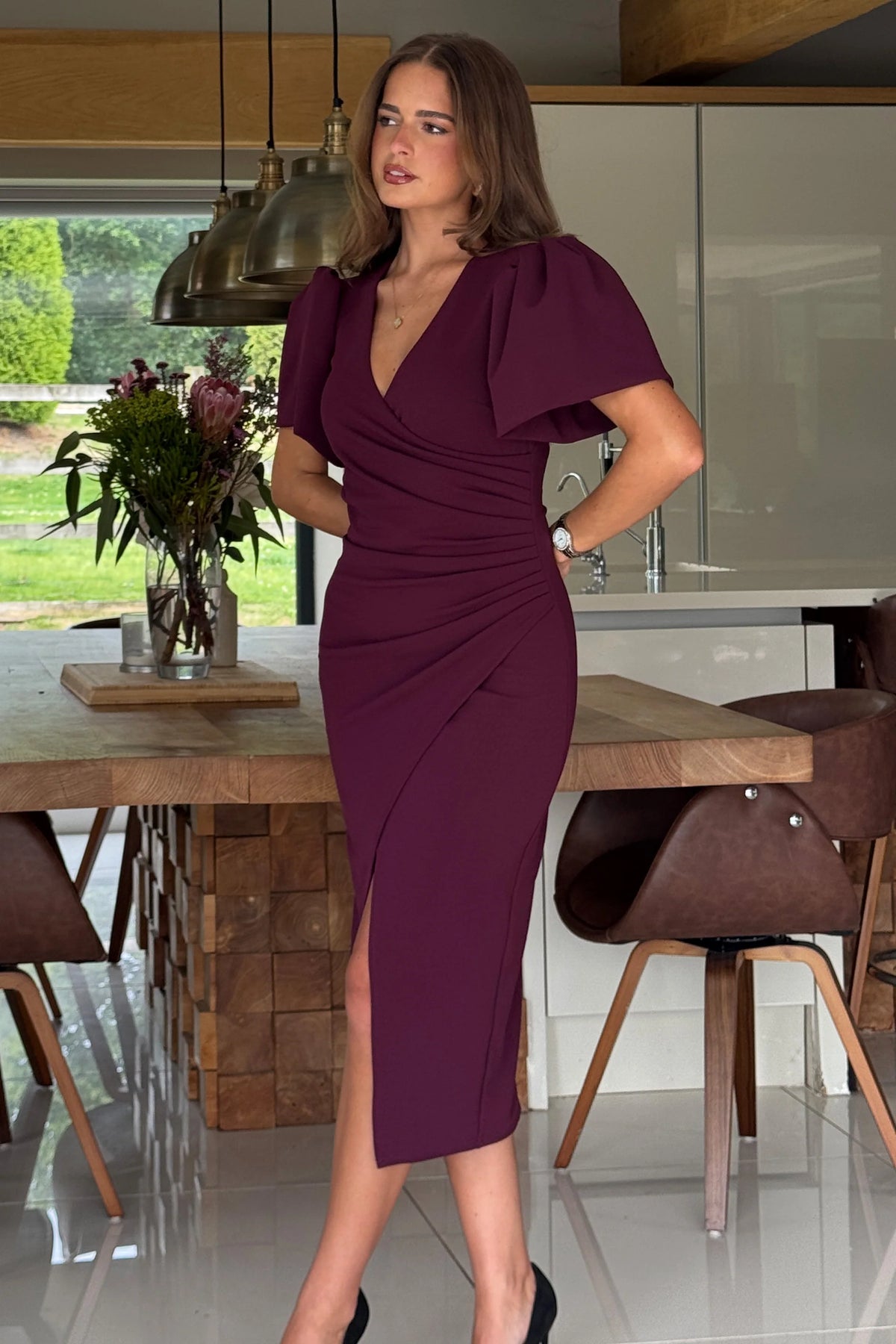 Girl In Mind Freya Puff Sleeve Plum Midi Dress