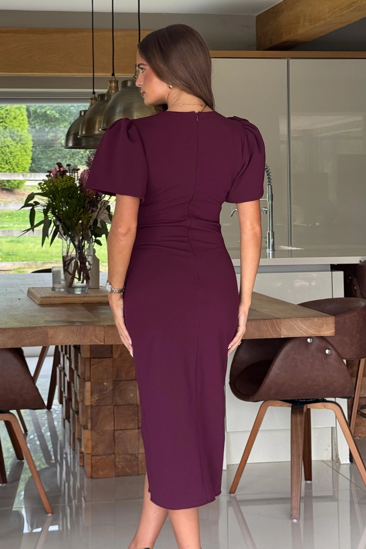 Girl In Mind Freya Puff Sleeve Plum Midi Dress