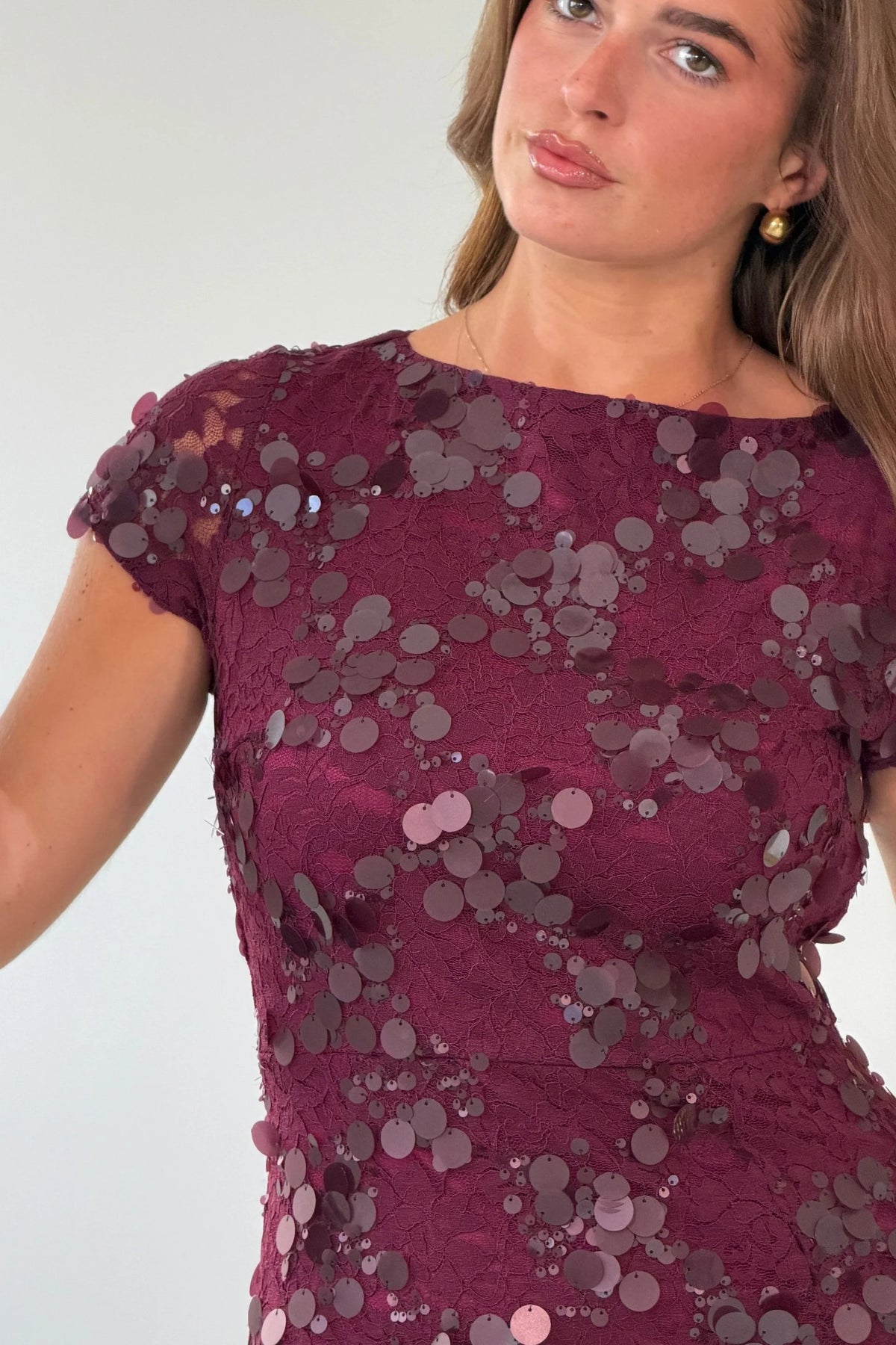 Girl In Mind Georgie Burgundy Sequin Lace Split Leg Maxi Dress