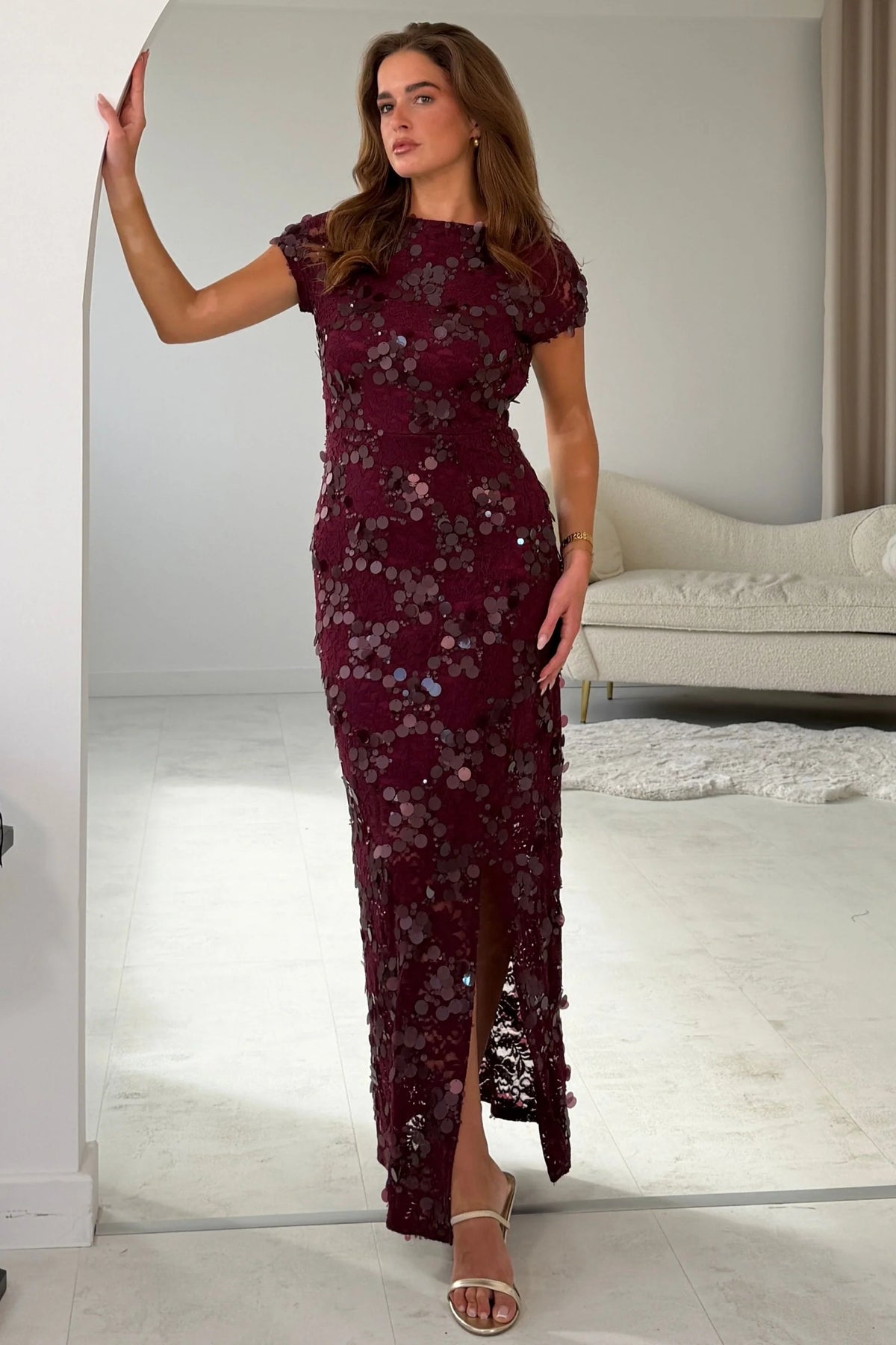 Girl In Mind Georgie Burgundy Sequin Lace Split Leg Maxi Dress
