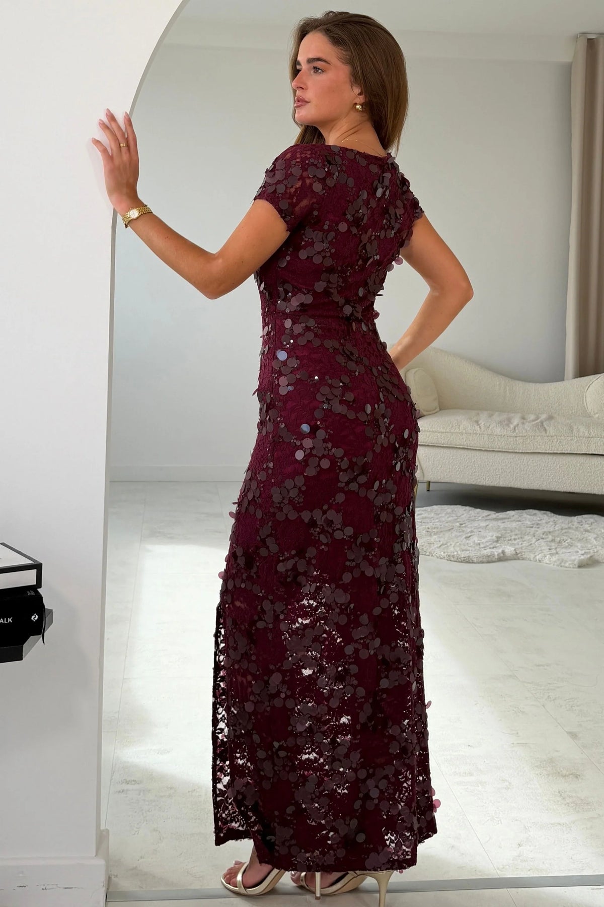 Girl In Mind Georgie Burgundy Sequin Lace Split Leg Maxi Dress
