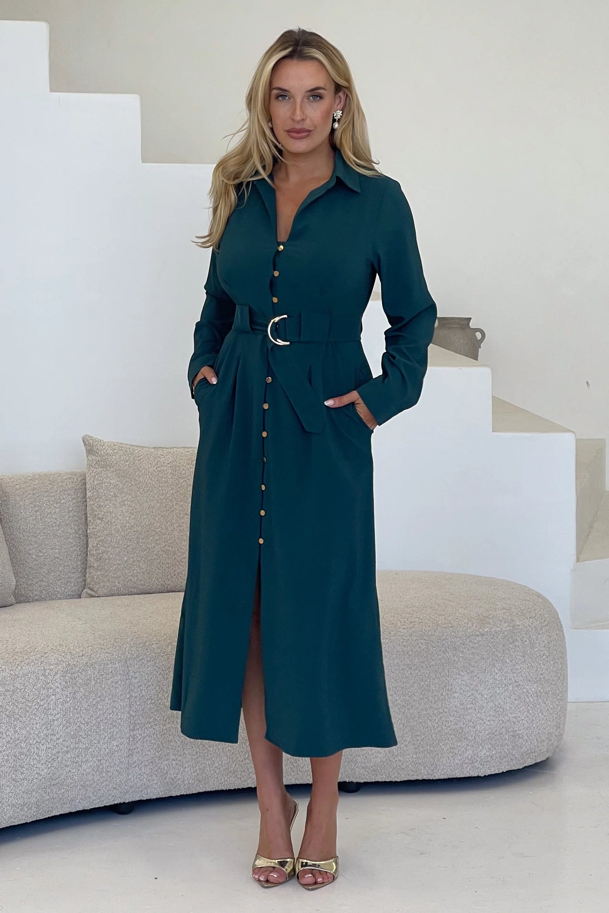 Girl In Mind Grace Buckle Emerald Green Shirt Midi Dress