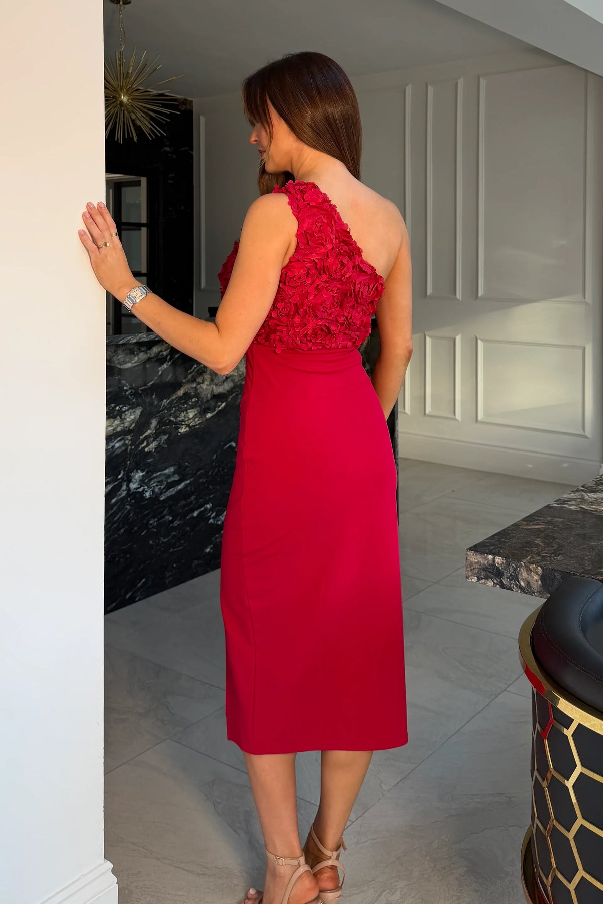 Girl In Mind Gwyneth 3D Floral One Shoulder Red Rose Midi Dress