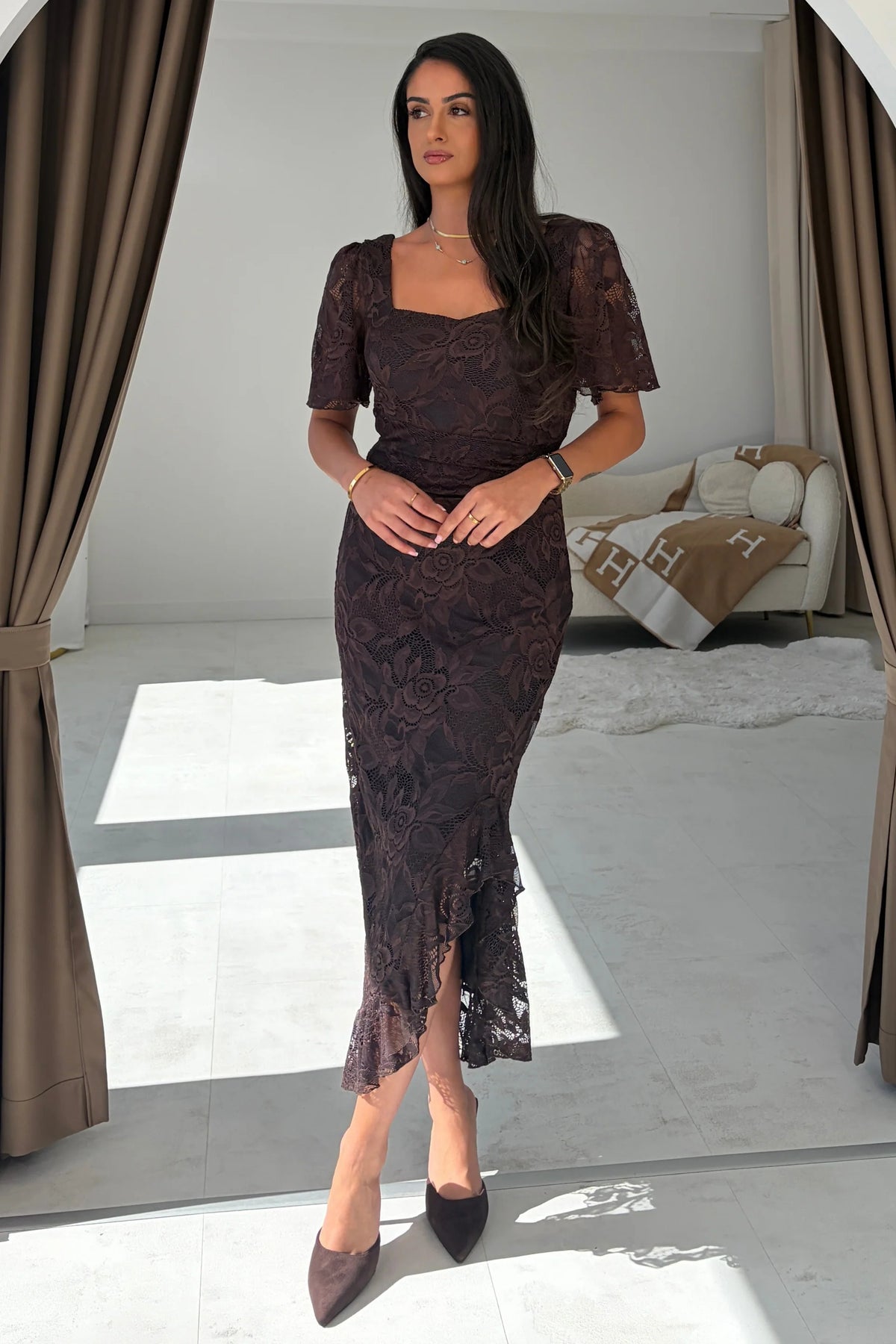 Girl In Mind Heidi Brown Lace Ruched Midi Dress
