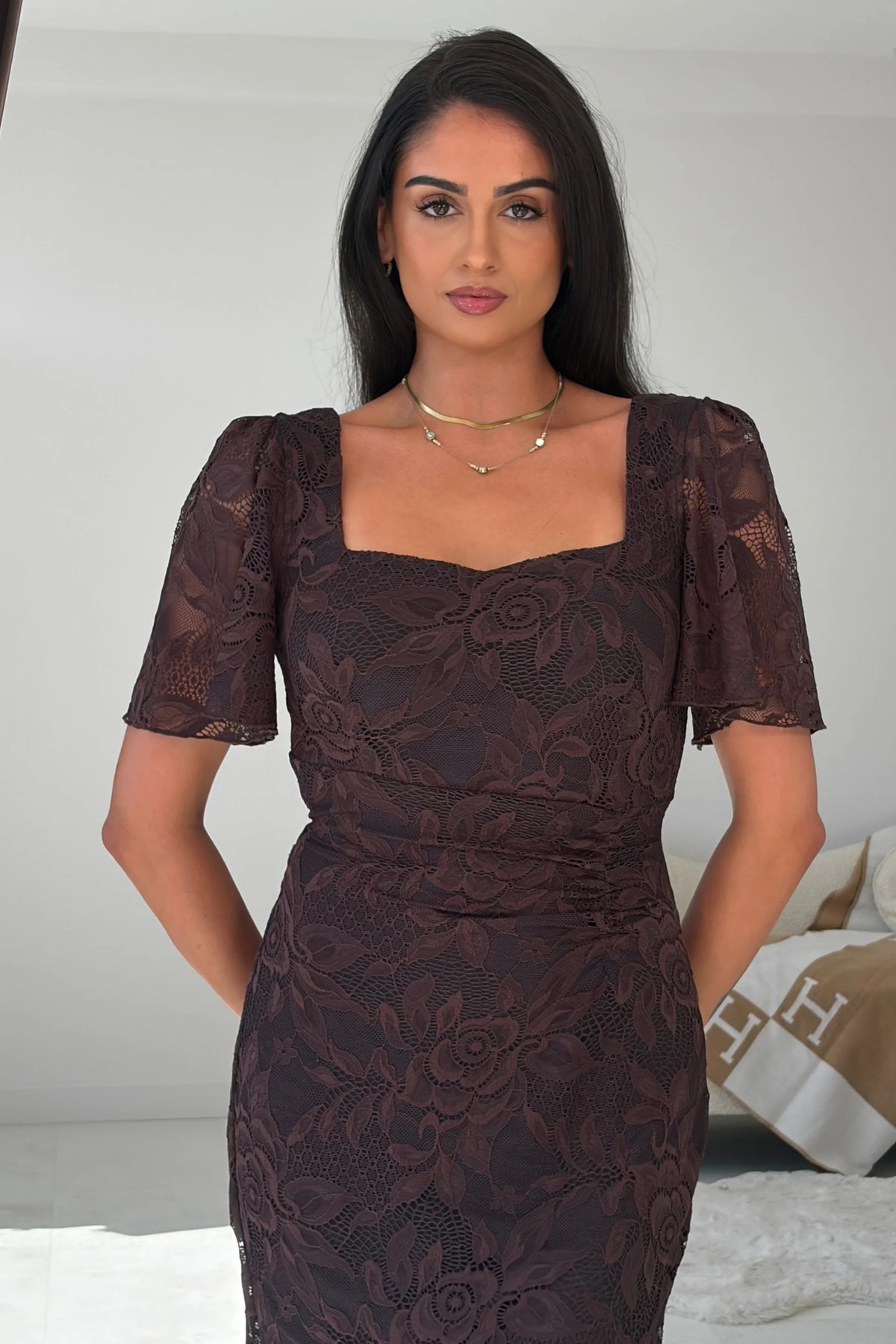Girl In Mind Heidi Brown Lace Ruched Midi Dress