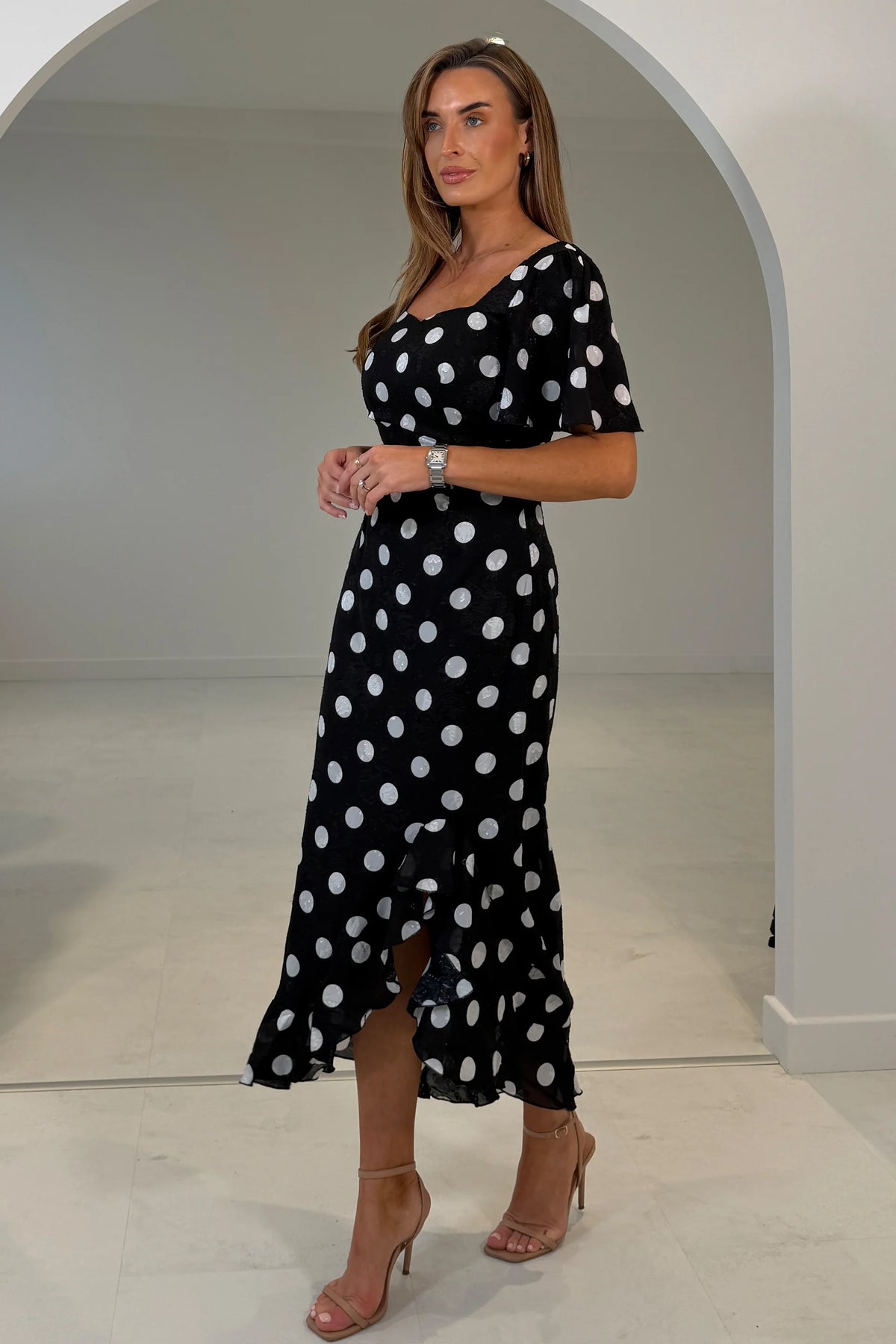 Girl In Mind Heidi Burnout Black & White Dot Midi Dress
