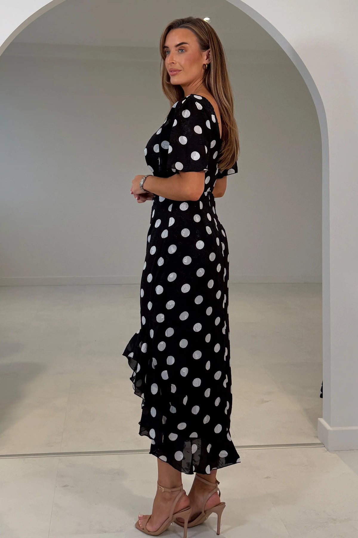 Girl In Mind Heidi Burnout Black & White Dot Midi Dress
