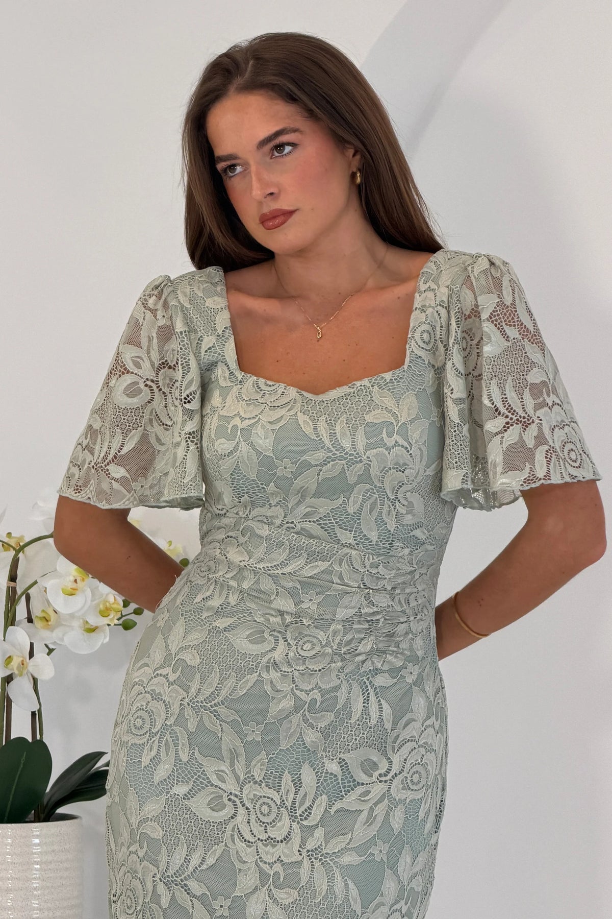 Girl In Mind Heidi Sage Green Lace Ruched Midi Dress