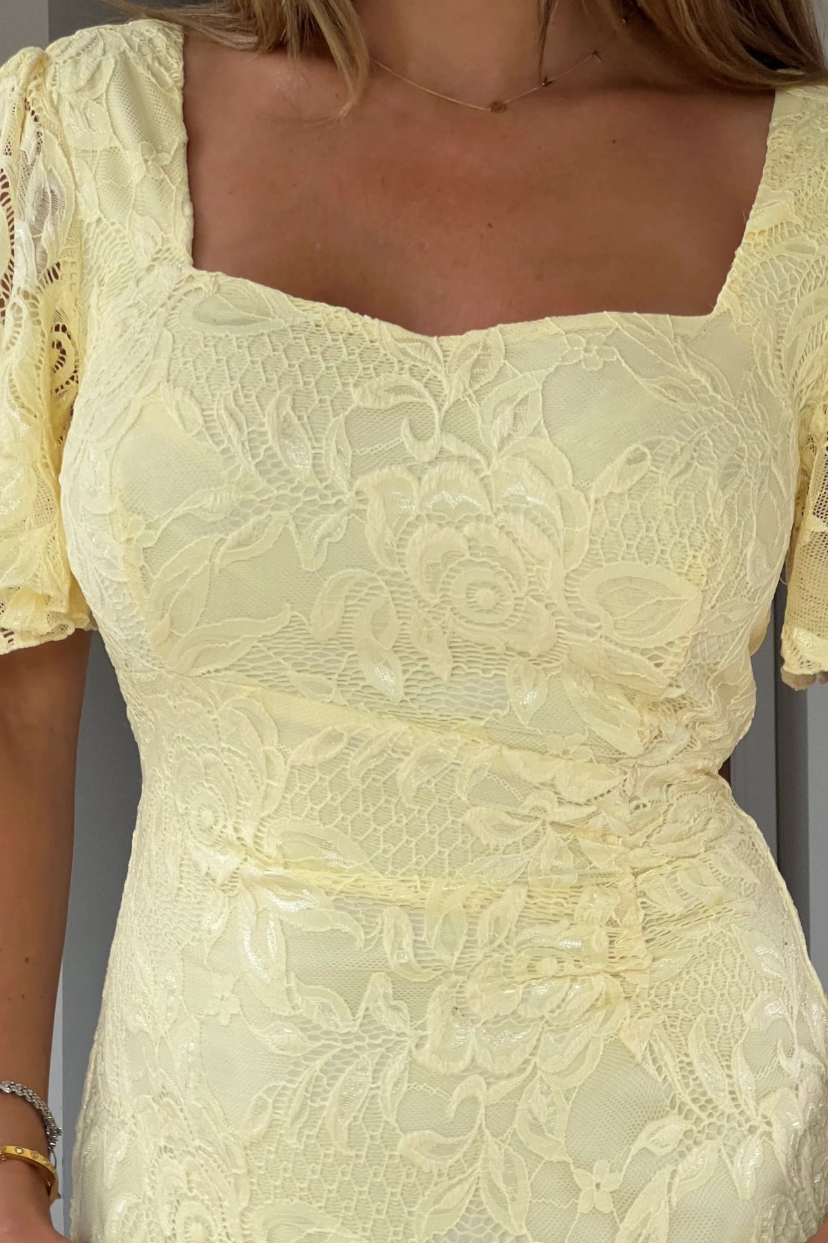 Girl In Mind Heidi Yellow Lace Ruched Midi Dress
