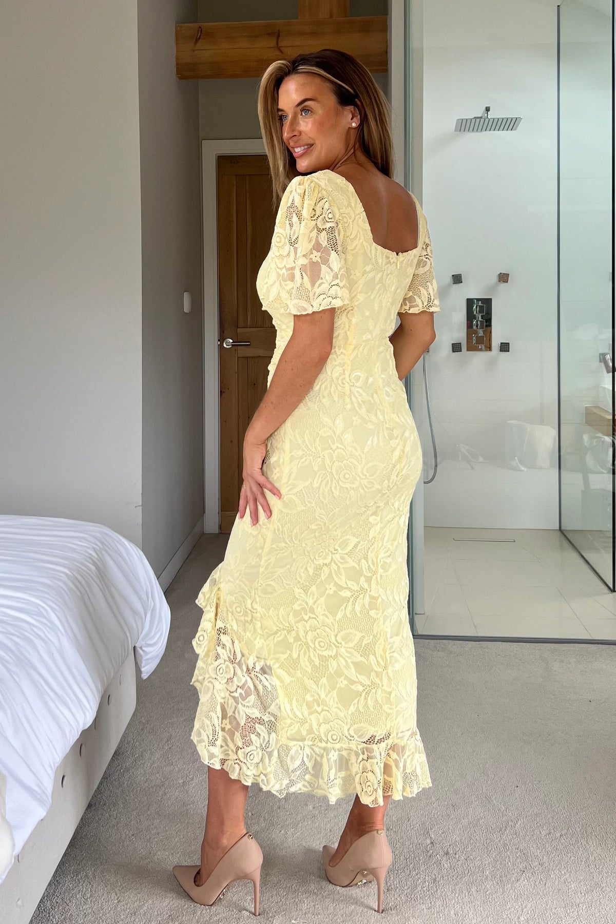 Girl In Mind Heidi Yellow Lace Ruched Midi Dress
