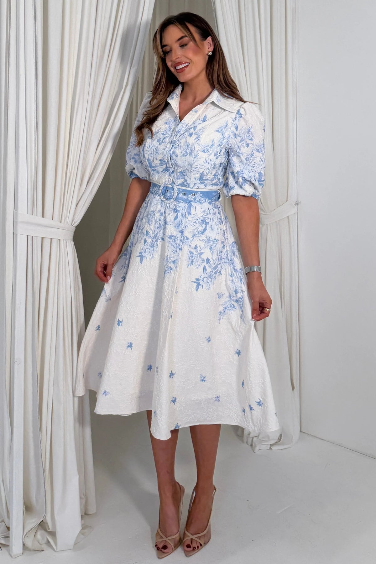 Girl In Mind Holland Border White & Blue Floral Midi Dress