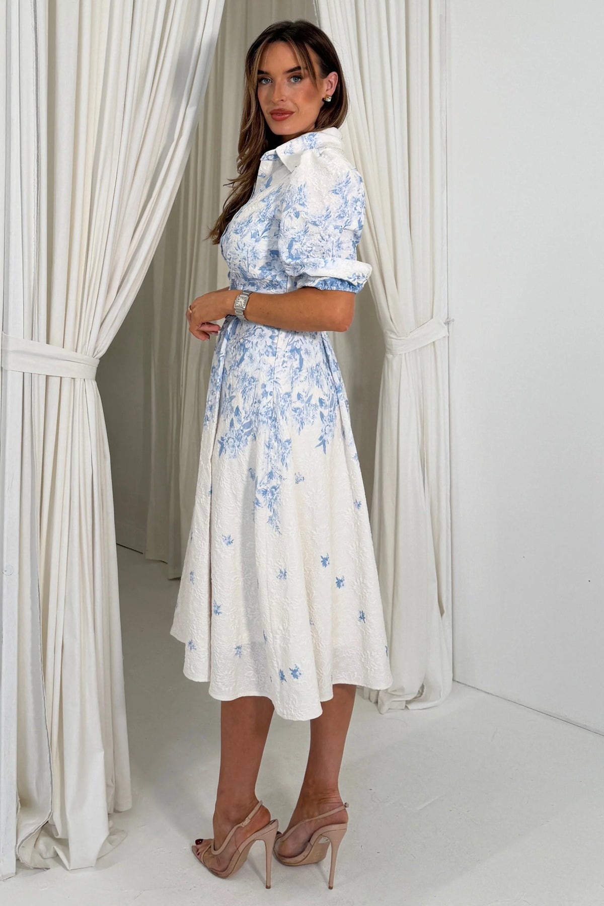 Girl In Mind Holland Border White & Blue Floral Midi Dress