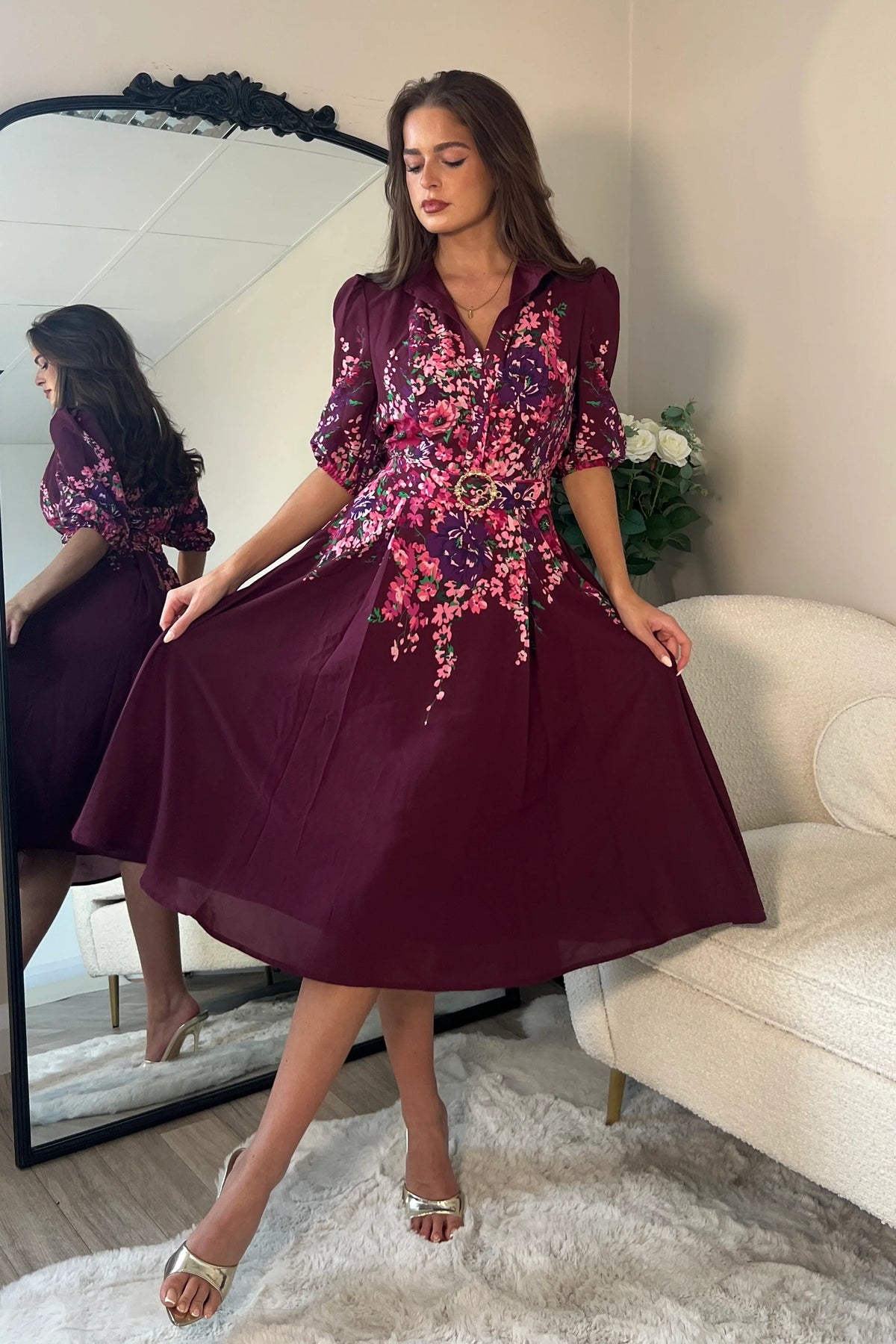 Girl In Mind Holland Burgundy Floral Border Dress