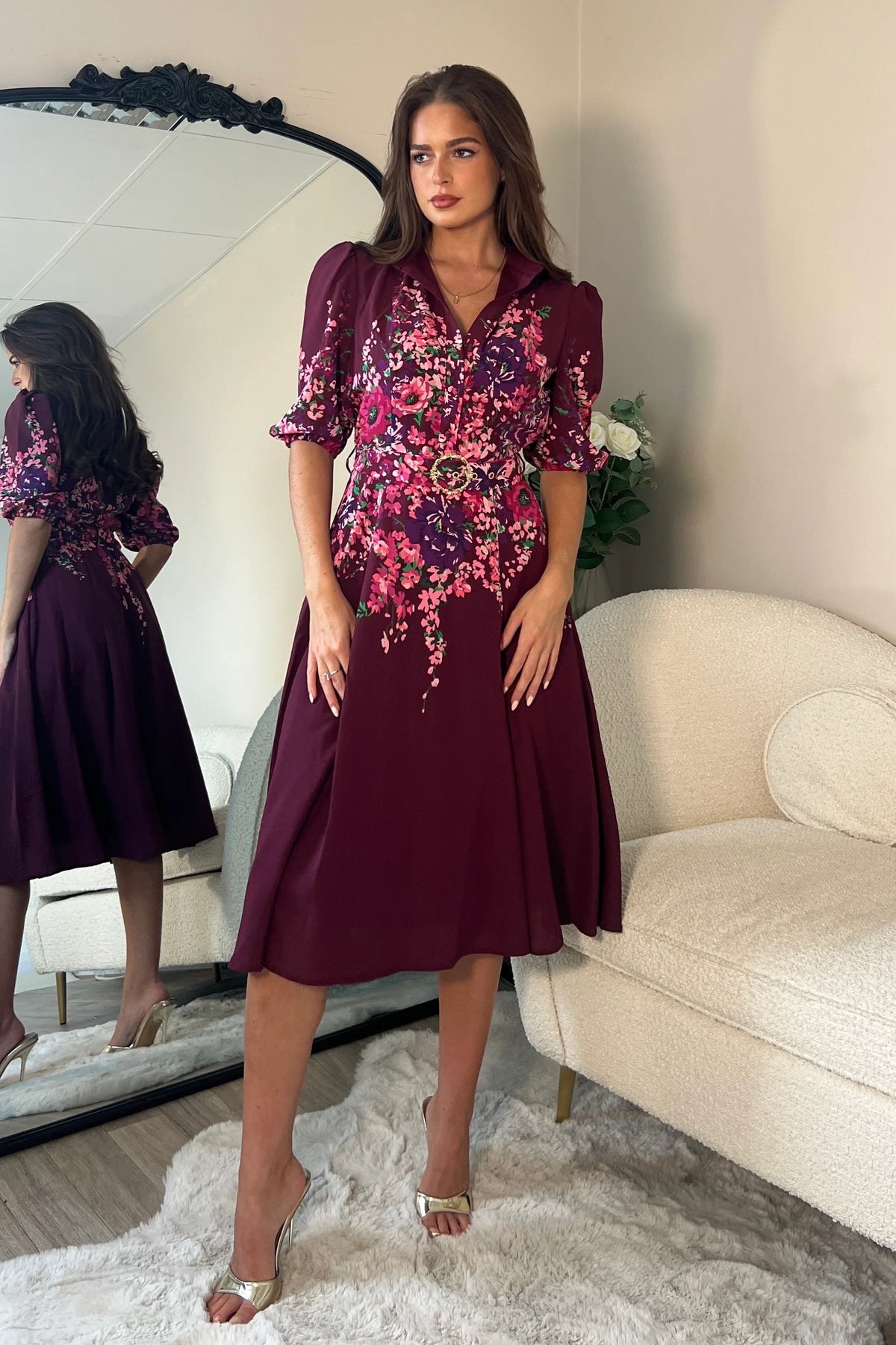 Girl In Mind Holland Burgundy Floral Border Dress