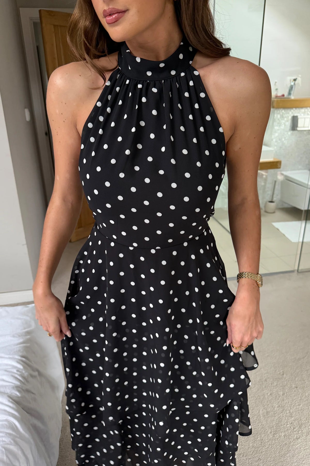 Girl In Mind Iris Halterneck Layered Black Dot Maxi Dress