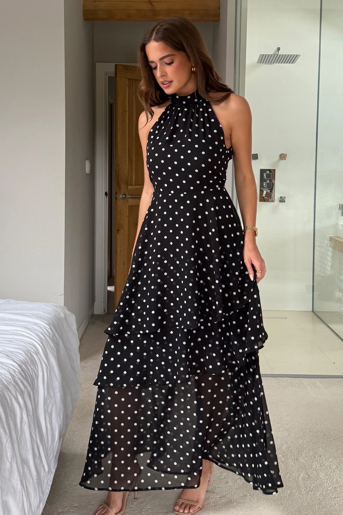Girl In Mind Iris Halterneck Layered Black Dot Maxi Dress