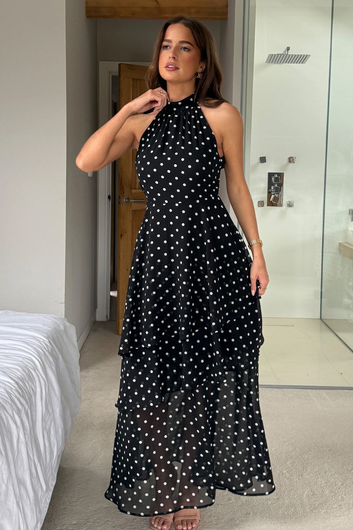 Girl In Mind Iris Halterneck Layered Black Dot Maxi Dress