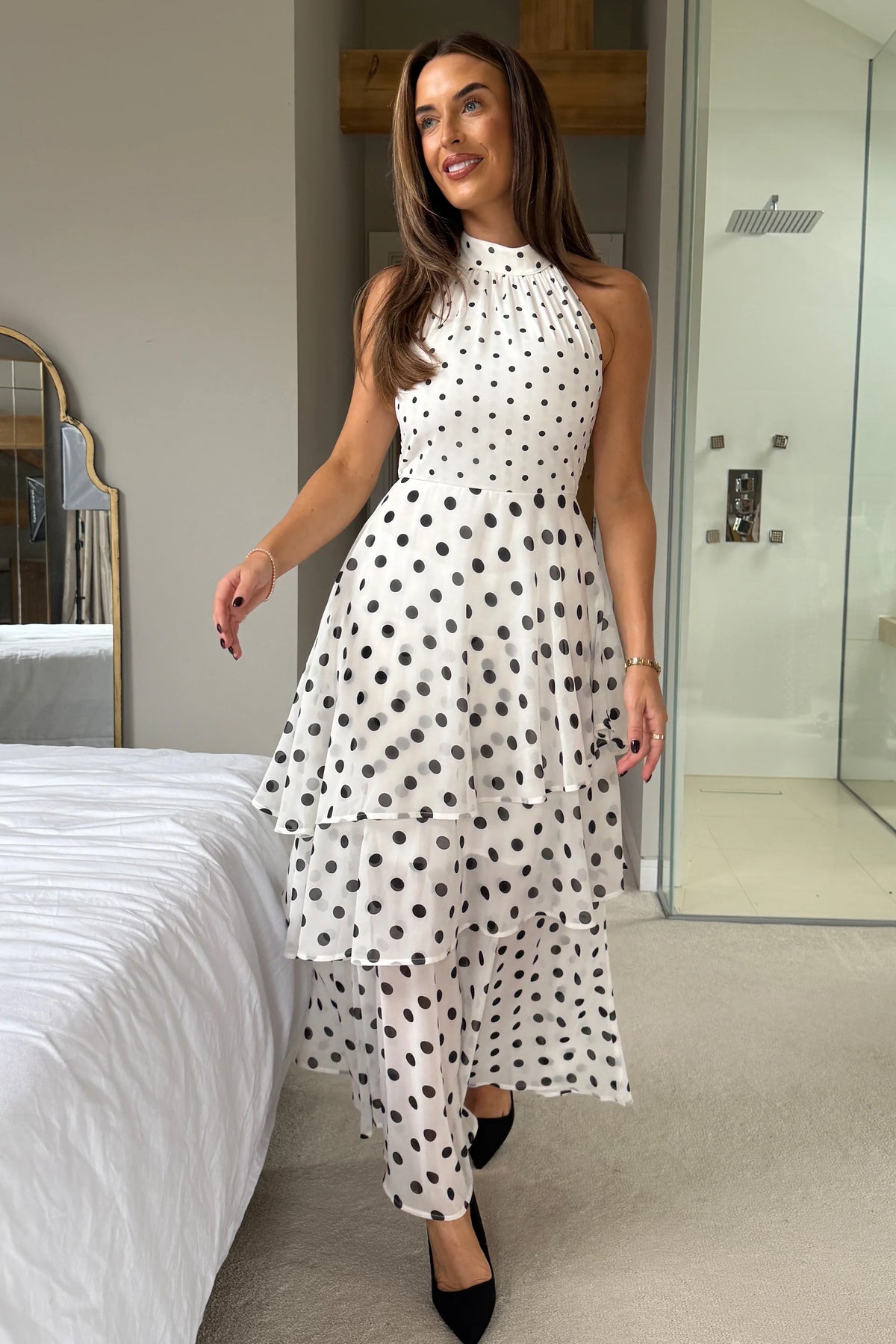 Girl In Mind Iris Halterneck Layered White Dot Maxi Dress