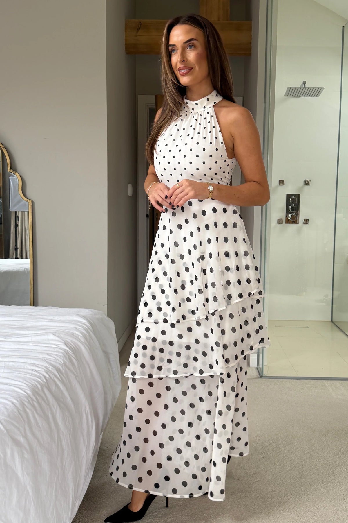 Girl In Mind Iris Halterneck Layered White Dot Maxi Dress