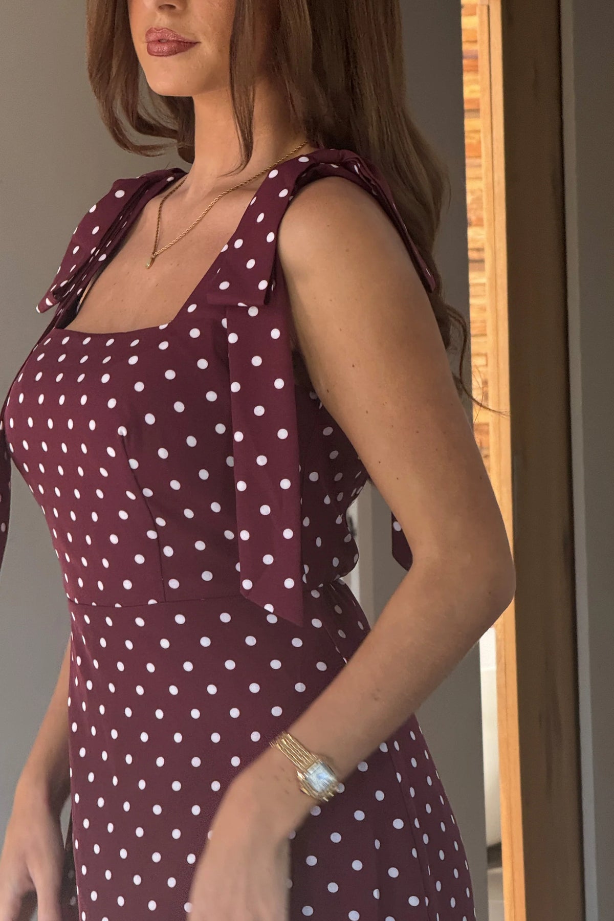 Girl In Mind Jovi Berry Polka Dot Tie Shoulder Midi Dress