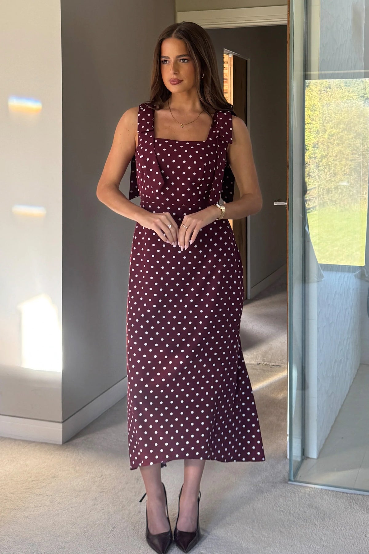 Girl In Mind Jovi Berry Polka Dot Tie Shoulder Midi Dress